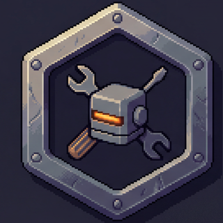 Emblema hexagonal de metal com uma chave inglesa e um robô, o símbolo da primeira noite.
