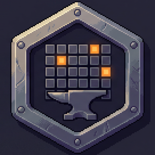 Emblema hexagonal de metal com uma bigorna sob uma grade de células acesas, o símbolo da segunda noite.