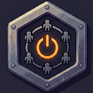 Emblema hexagonal de metal com um botão de ligar cercado por robôs em rede, o símbolo da terceira noite.