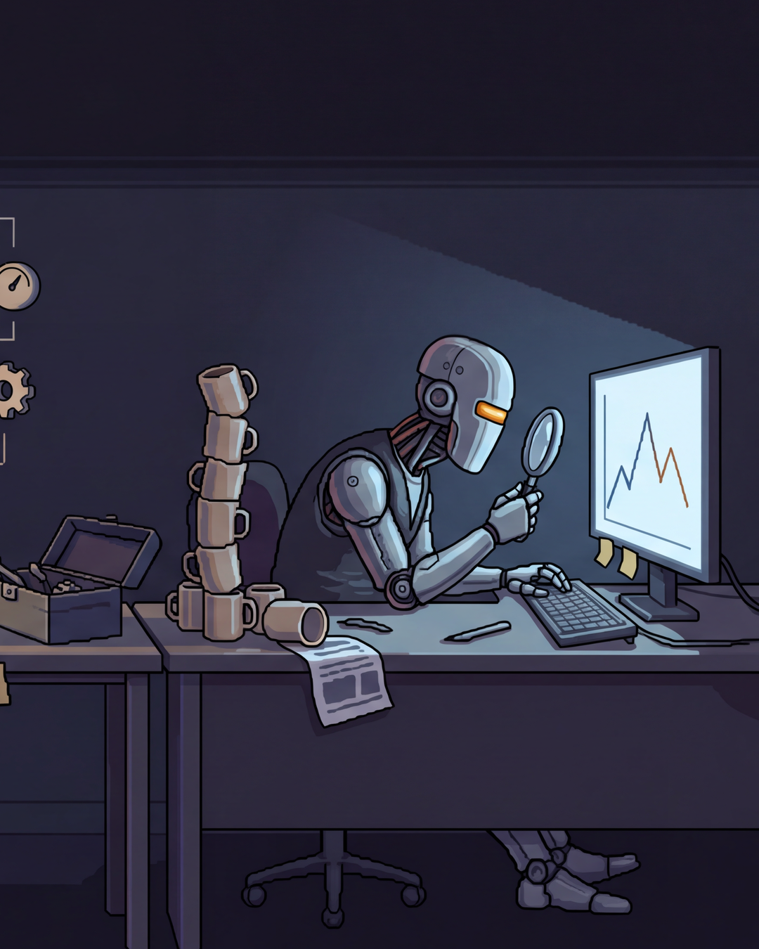 Um robô sentado à mesa examinando com uma lupa o gráfico de um backtest exibido no monitor.