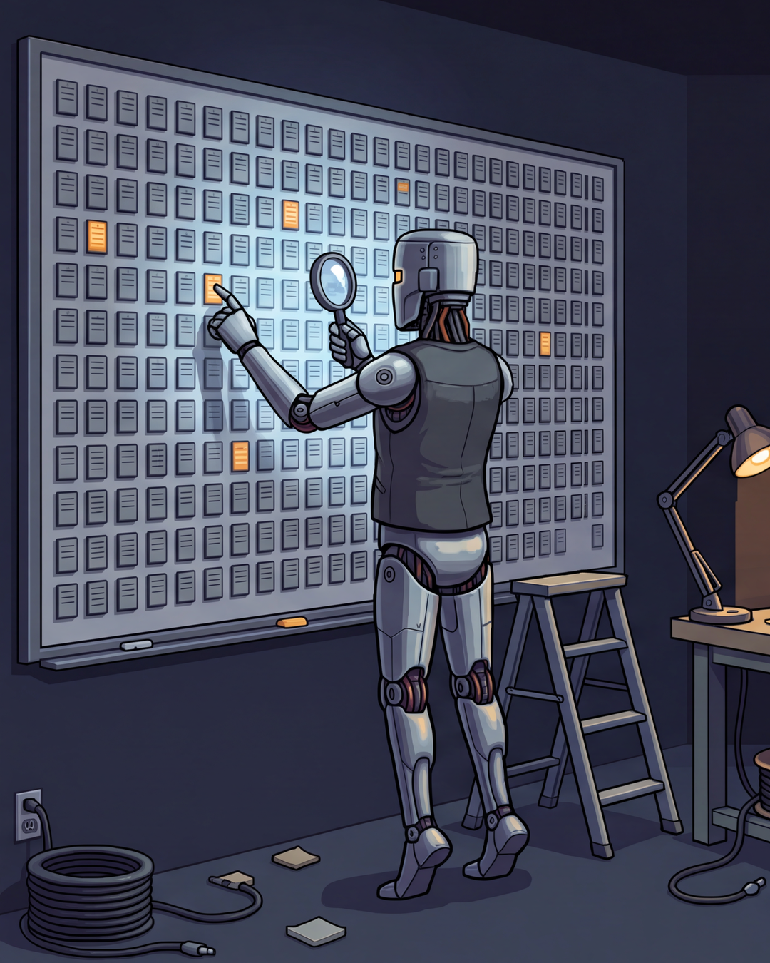 Um robô com uma lupa varre um painel enorme com centenas de células, algumas acesas em âmbar, procurando as melhores combinações.