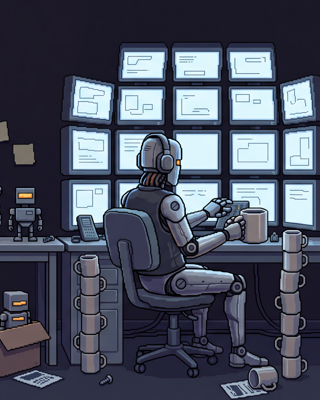 Um robô sentado numa cadeira de escritório, café na mão, monitorando um paredão de telas acesas.