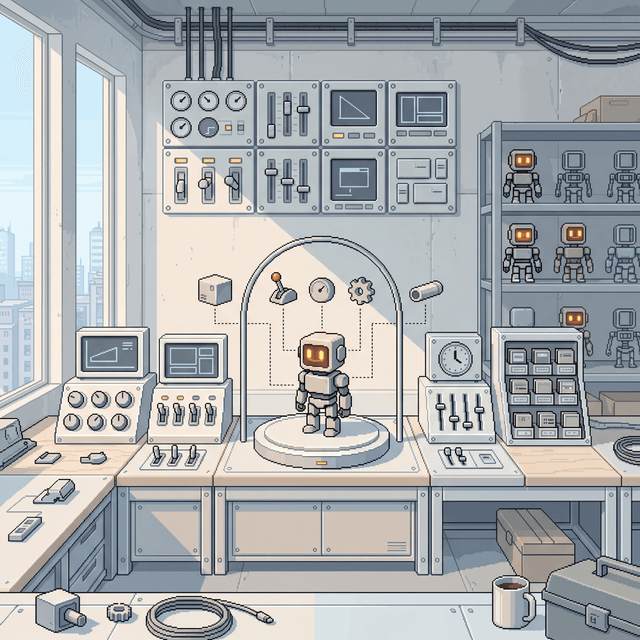 Bancada de laboratório em pixel art: um pequeno robô de olhos âmbar sobre um pedestal, com peças de configuração ligadas a ele por linhas tracejadas e uma prateleira de robôs iguais ao fundo.